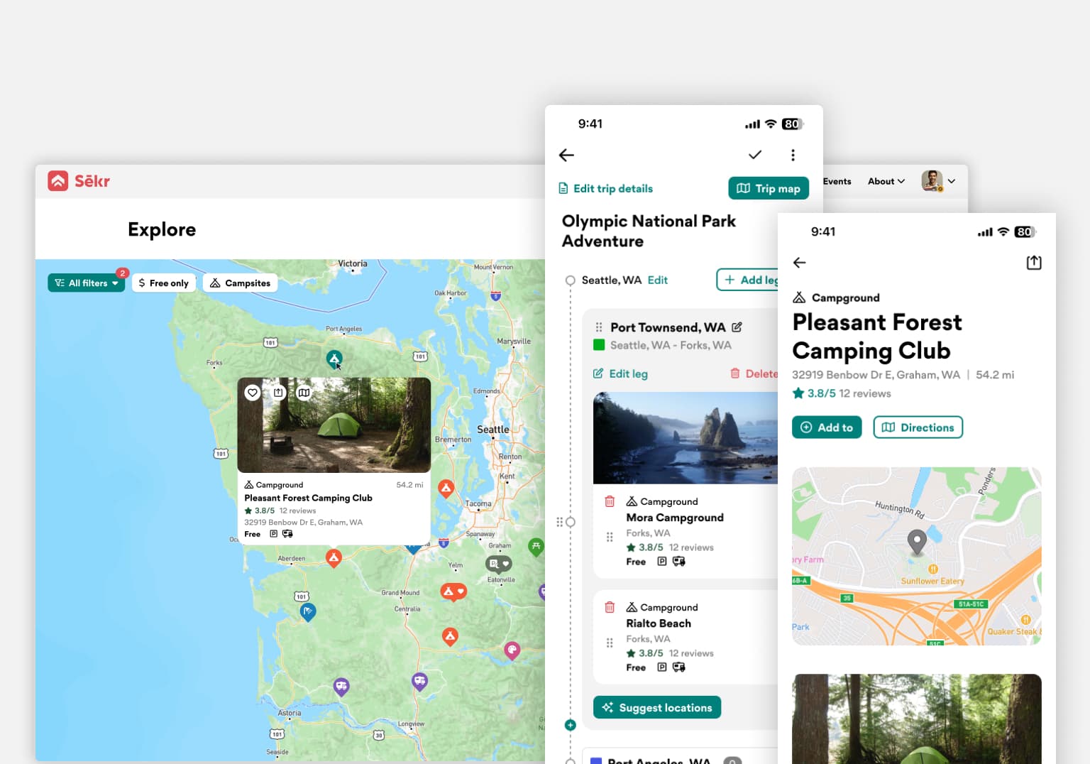 Sēkr trip-planning interface shown across phone and desktop screens